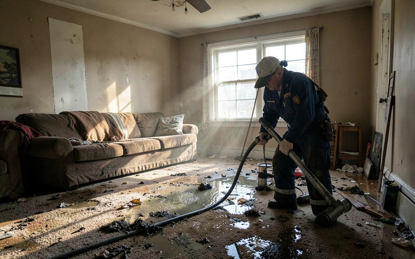 Rainbow Restoration technician extracting water from a flooded living room