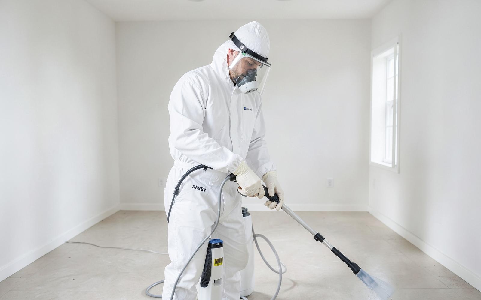 Rainbow Restoration technician in protective equipment operating sanitizing equipment